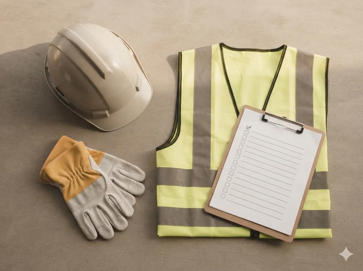 Safety helmet, gloves, vest and an inspection checklist