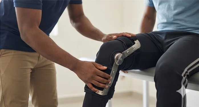 A knee brace being fitted during a rehabilitation session